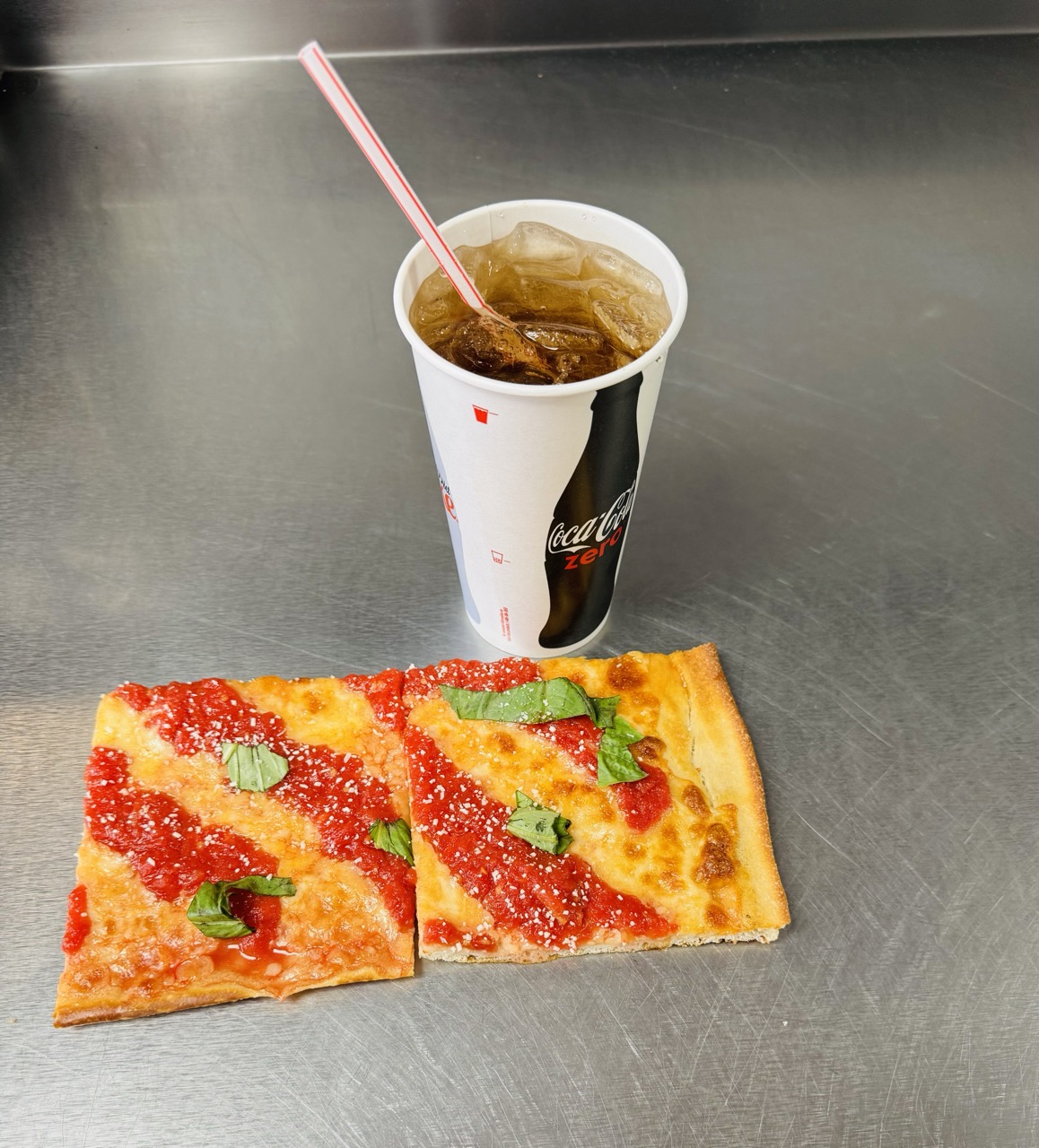 3 square sices - brooklyn, grandma, plain - and a fountain soda